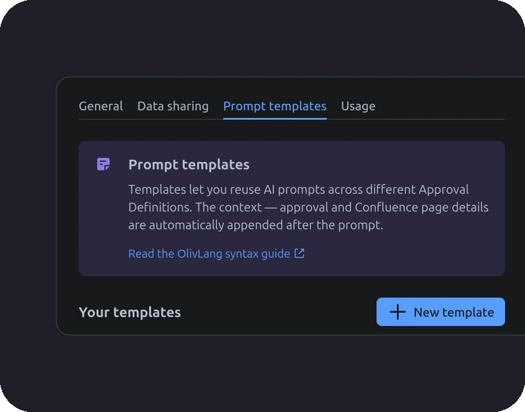 AI prompt templates tab with reusable prompts for Confluence page approvals