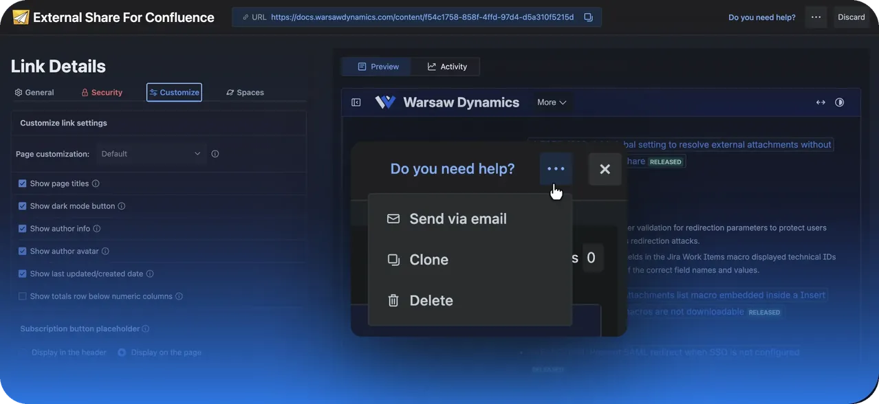Link Details panel of a shared Confluence page with options to send the link by e-mail, clone or delete it