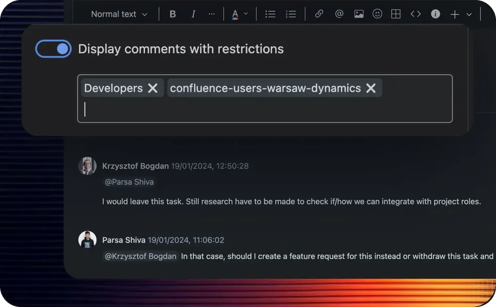 Comments on a shared page restricted to the Developers and confluence-users groups