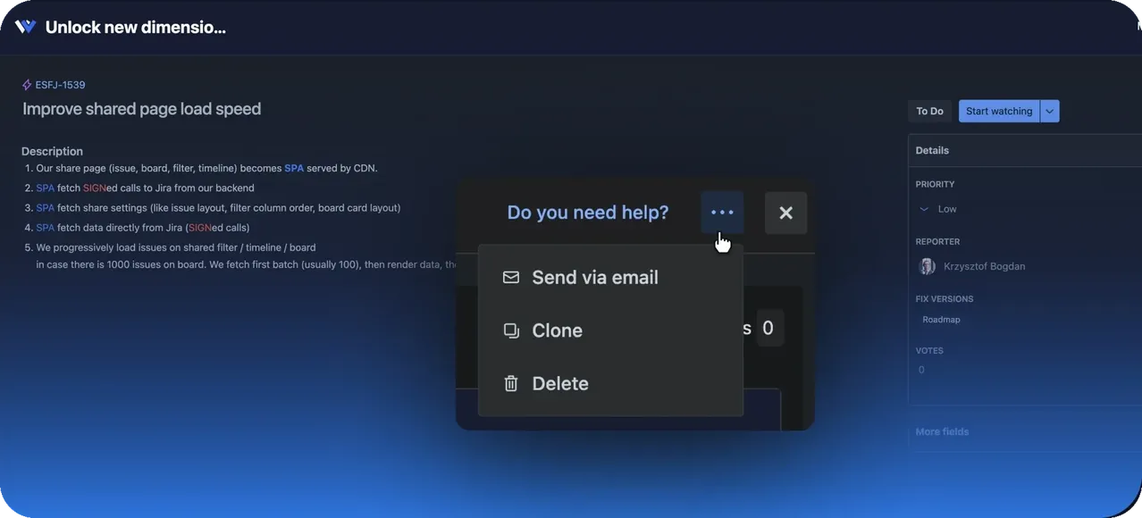 Shared Jira work item view with options to send the link by e-mail, clone or delete it