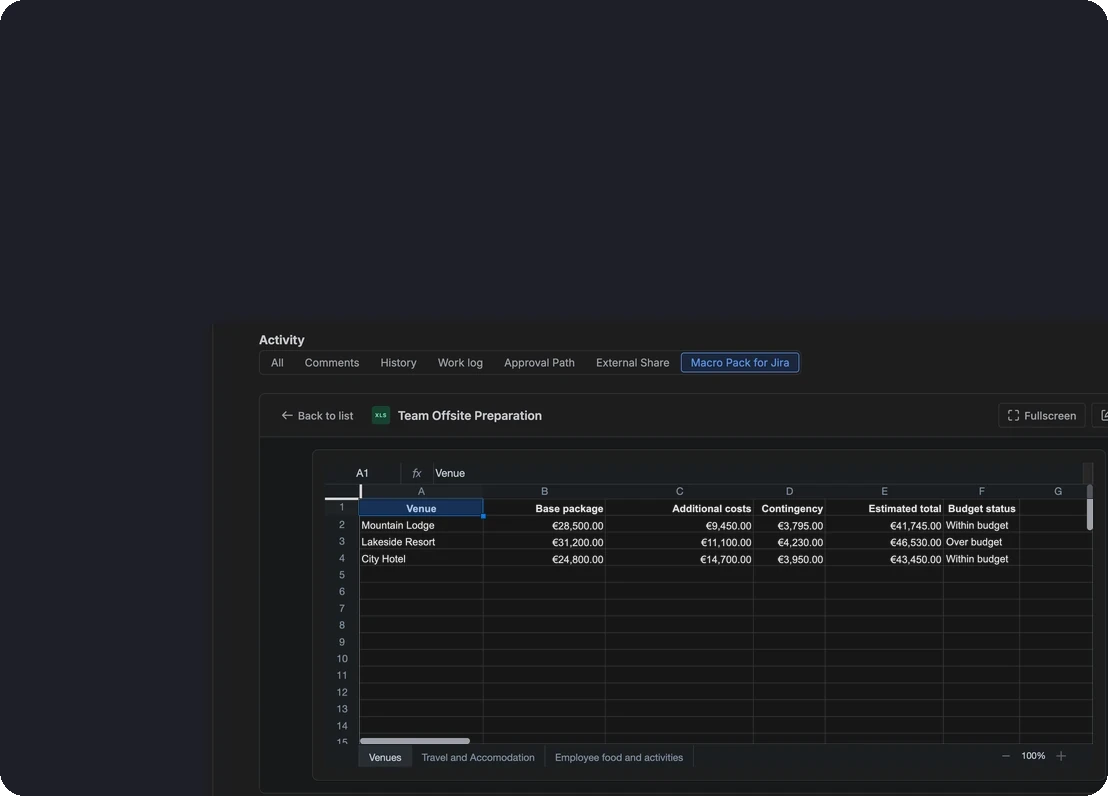 A spreadsheet attached to a work item, opened in the Macro Pack for Jira panel