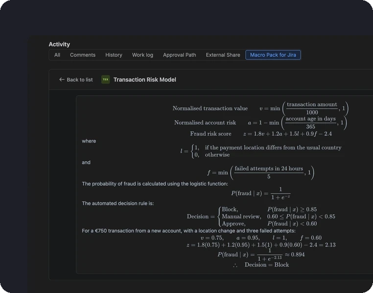 LaTeX formulas of a transaction risk model rendered in a Jira work item