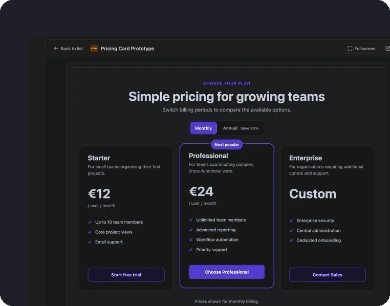 An HTML pricing prototype rendered inside a Jira work item