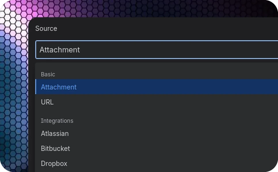 Choosing where a macro reads its content from: an attachment, a URL or an integration such as Atlassian, Bitbucket or Dropbox