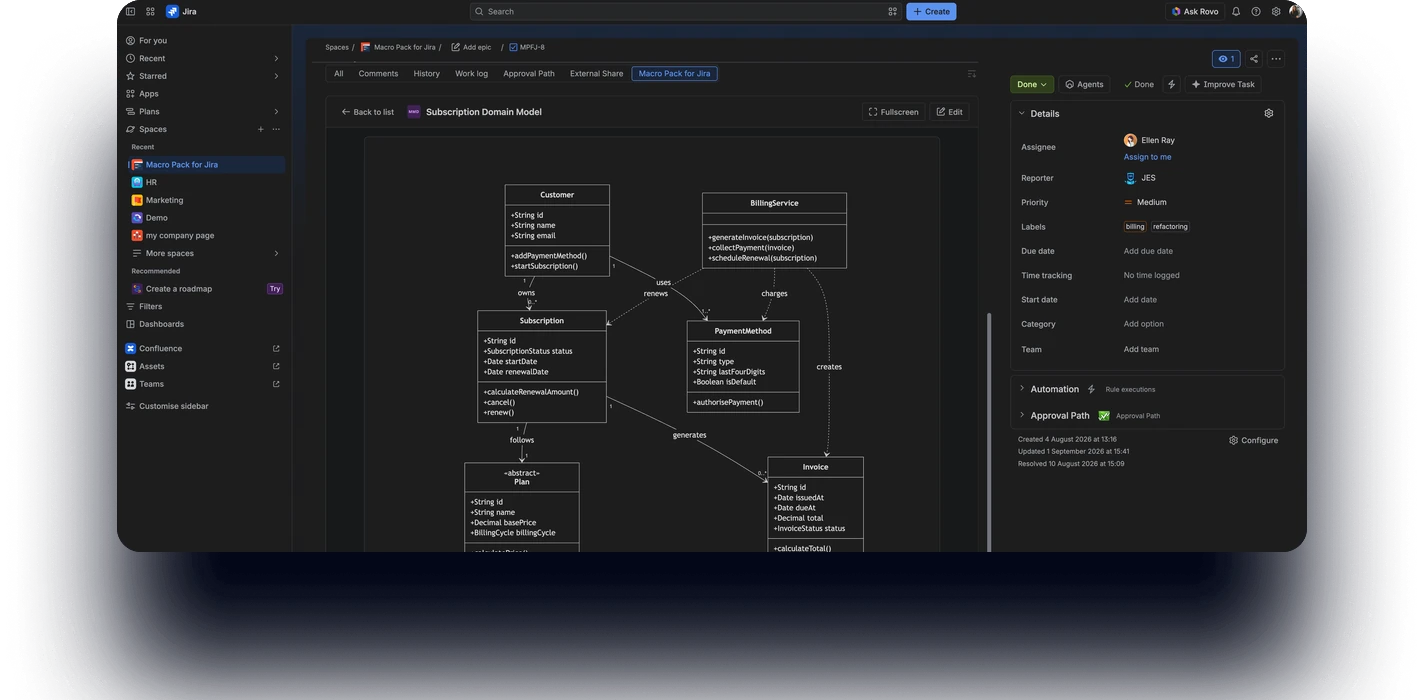 Macro Pack for Jira – a Mermaid class diagram rendered inside a Jira work item
