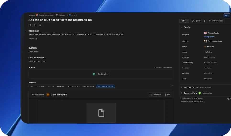 A file attached to a Jira work item, rendered in the Macro Pack for Jira panel