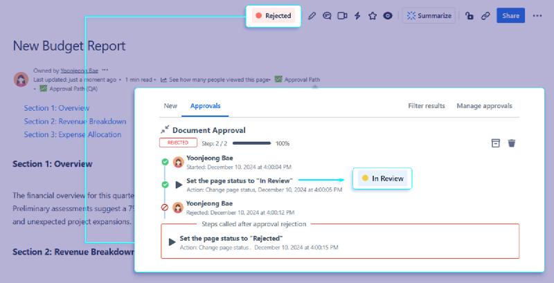 Image shows how page looks like after the page is rejected