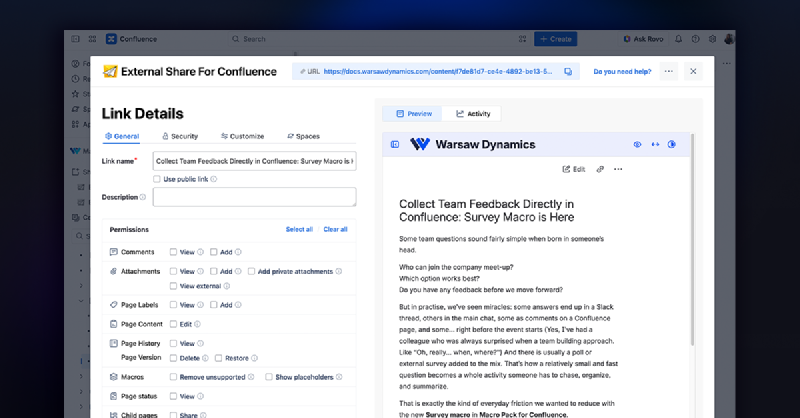 External Share for Confluence Link Details dialog with permission options