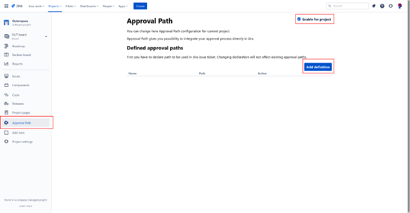 Project &gt; Approval Path &gt; Add definition