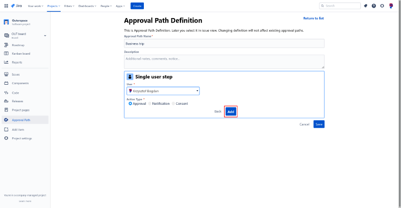 Approval Path definition - user step