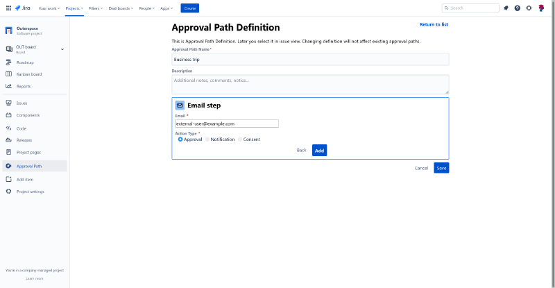 Approval Path definition - email step