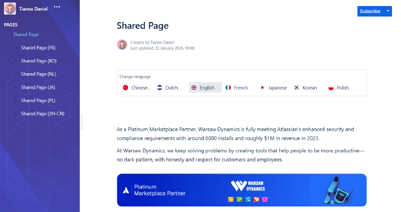 Externally shared Confluence pages with a wide selection of languages